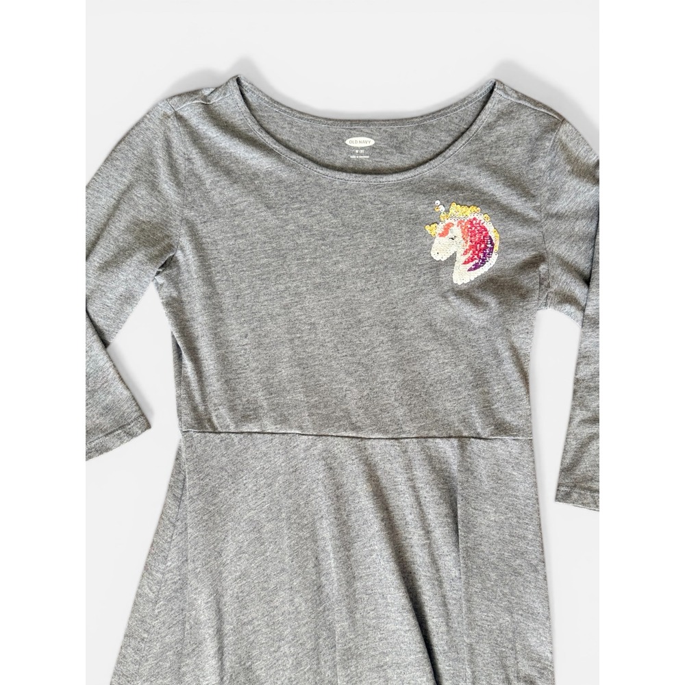 Old Navy Girls Gray Sequin Unicorn Skater Dress 3/4 Sleeve Size M 8 - Picture 4 of 6